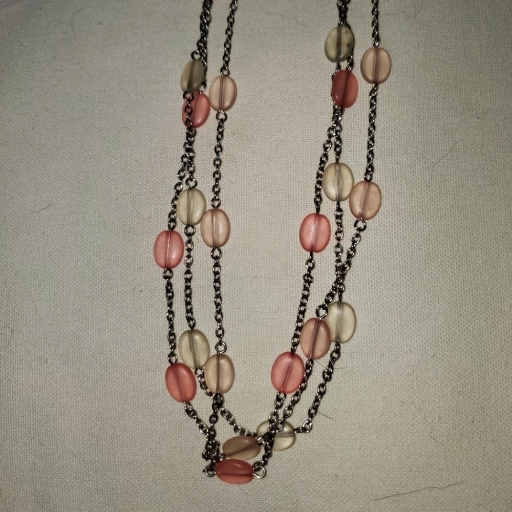 3 Strand Pink Beaded Necklace Silvertone